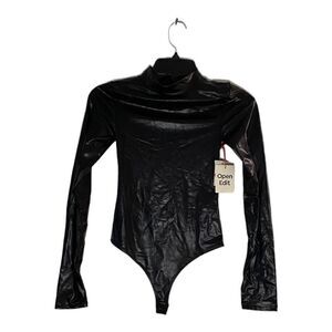 NWT Open Edit black faux leather mock turtleneck bodysuit size  XXS